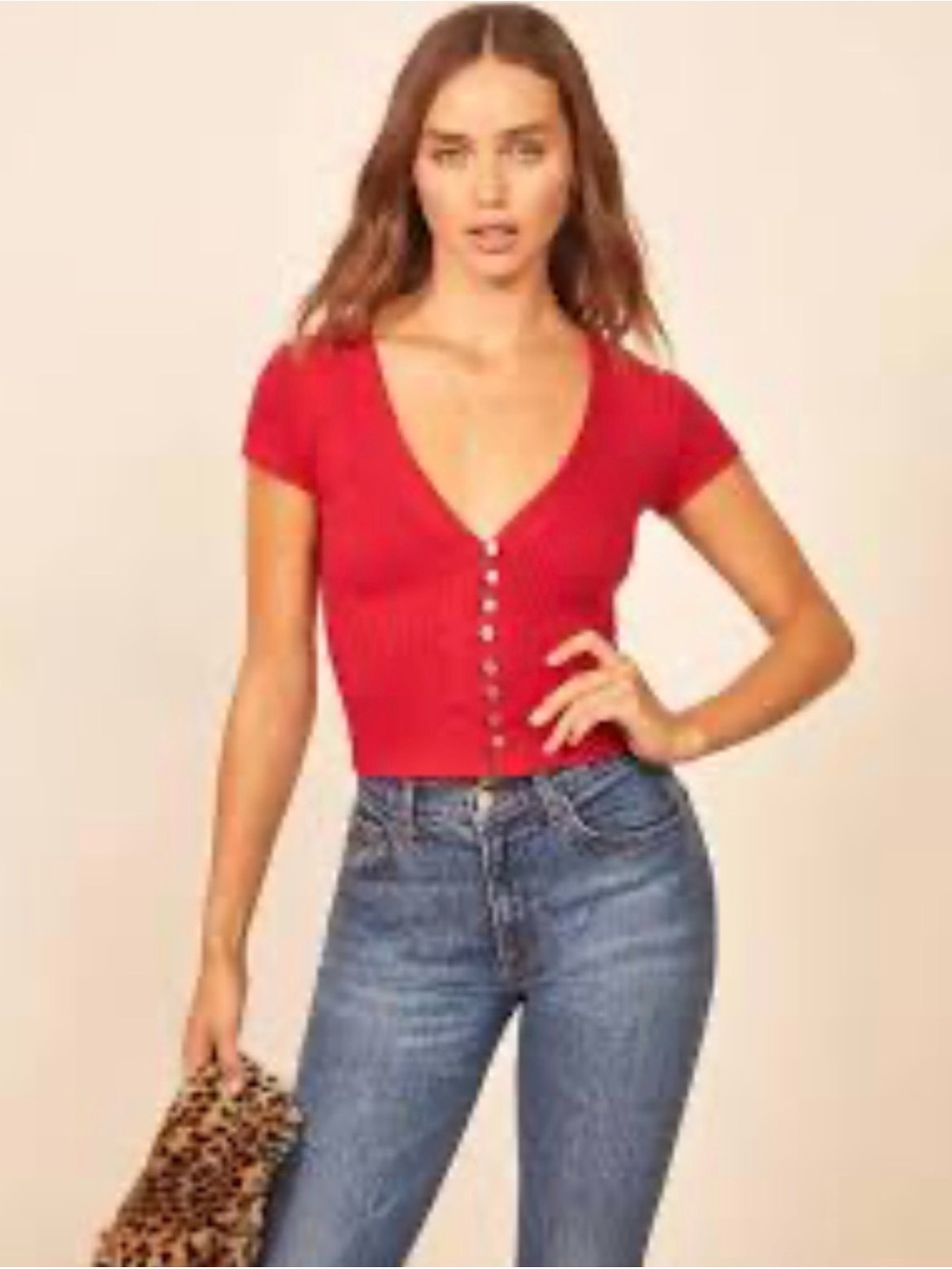 Reformation Red Ribbed V-Neck Button Crop Top